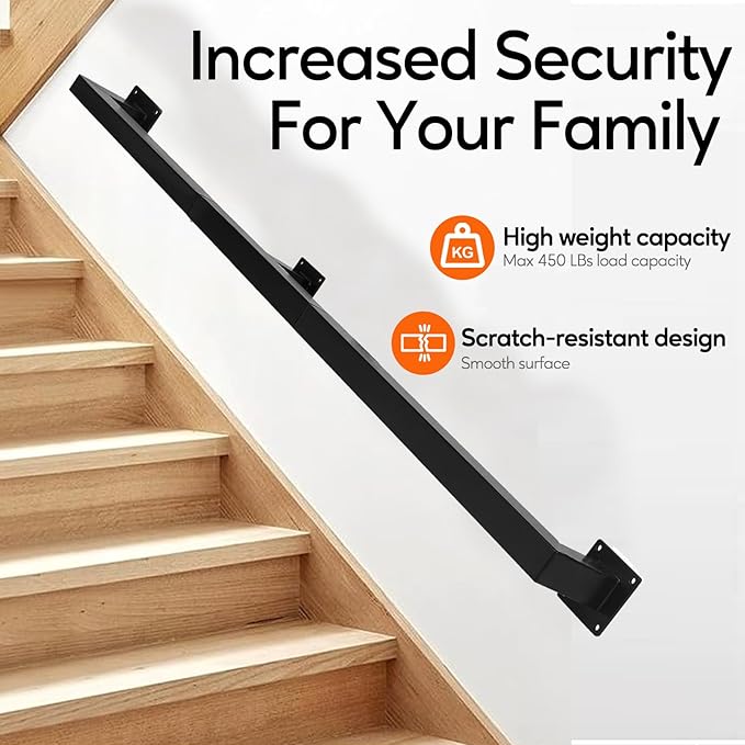 3FT Square Stair Railing Indoor, Black Wall Mount Handrail for Staircase, 440lbs Load Capacity Non-Slip Metal Handrail, Heavy-Duty Carbon Steel Grab Bar for Steps and Porch