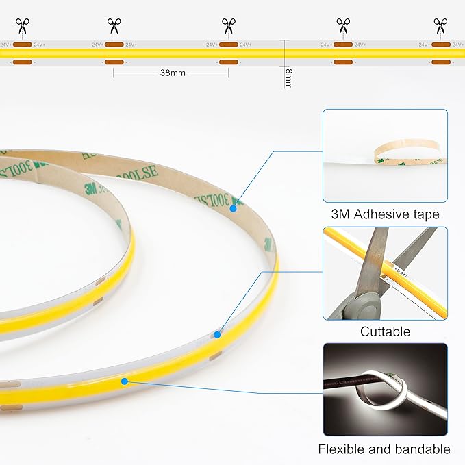 White COB LED Strip Light, Dimmable 32.8ft/10m LED Light, 6000K Daylight White 3200 LEDs High Lumen LED Tape Lights CRI 90+ with RF Remote and UL Power for Bedroom,Kitchen,DIY Home Decoration