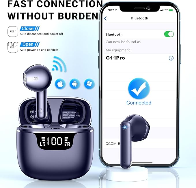 Wireless Earbuds, Bluetooth 5.4 Headphones with 42H Ultralight Ear Buds,Bluetooth Earbuds with 4 ENC Noise Cancelling Mics, HiFi Deep Bass Dual LED Display USB-C, Waterproof Earphones Blue