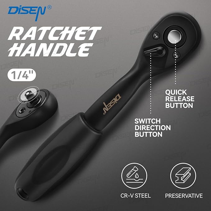 DISEN 1/4" Drive Socket Wrench Set 64PCS, 1/4-Inch Impact Metric Socket Set(4-15mm) Deep and Shallow 6 Point, CR-V, with 72T Ratchet Wrench Handle for Household&Automotive Repairing with Storage Case