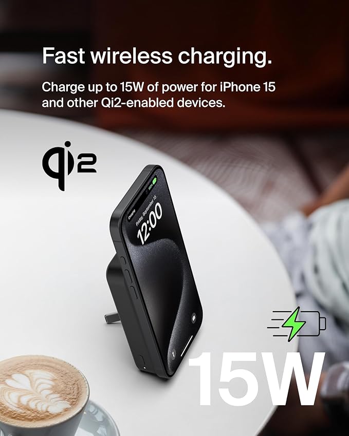 Belkin Portable Charger, Wireless Power Bank 15W 10000 mAh w/ Qi2, MagSafe Charger + Built-in Pop-up Kickstand - Compatible w/iPhone 16, 15, 14, Plus, Pro, Max, Google Pixel 10, etc. - Black
