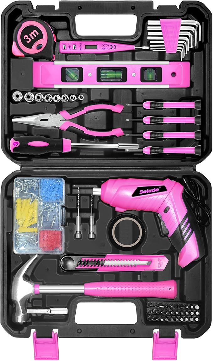 SOLUDE Pink Tool Set,130 Piece Home Tool Kit for Women with 3.6V Cordless Rechargeable Screwdriver,Basic Toolkits for New House,Apartment,College Dorm & DIY Projects
