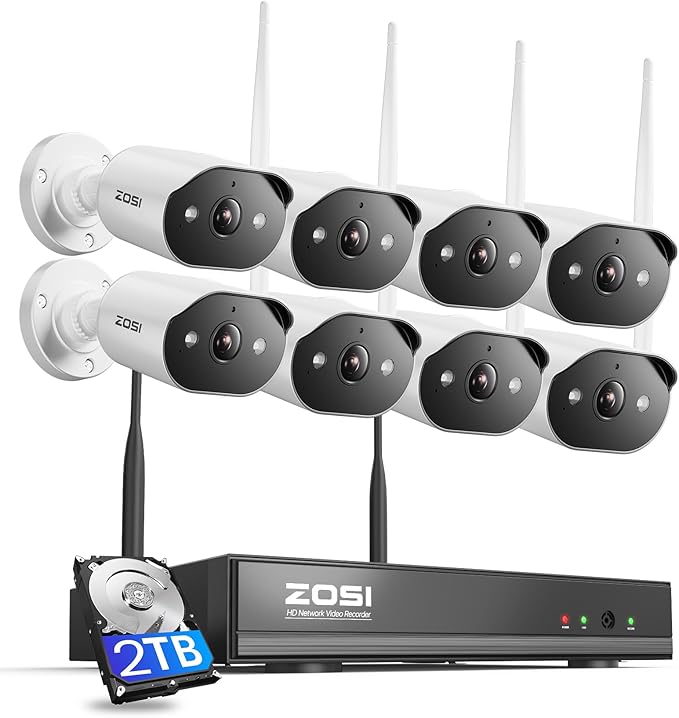 ZOSI 8CH 2K WiFi Home Security Camera System with 2TB HDD,8X 3MP Indoor Outdoor WiFi Cameras,Color Night Vision,Two-Way Audio,Light & Siren Alarm,2K H.265+ 8CH NVR Recorder for 24/7 Recording
