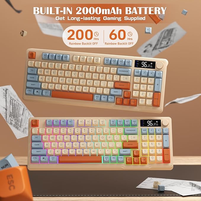 ZIYOU LANG M96 Wireless Gaming Silent Membrane Keyboard,Display Screen & Knob with Multimedia Keys Dual Mode Bluetooth/2.4Ghz,Rainbow Backlight 94Keys Ball Shape PBT Keycap ANSI Layout for Win/Mac