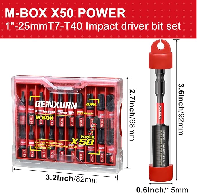 20 Pieces 1 In. (T7-T40) Impact Screwdriver Bit Set,Magnetic Multi-Torx Head Insert Bits, S2 Alloy Steel Star Bits with 1 Pc Impact Bit Holder and Storage M-Box