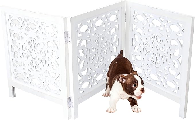 Wooden Freestanding Foldable Dog Gate – 3 Panels, Extra Wide, 24'' Height, Decorative Pet Gate for Doorways, White