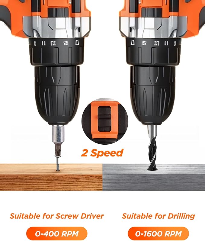 Drill, 21V Cordless Drill with Dual 2.0Ah Power Pack and Charger, Electric Power Drills Set, 3/8 Inch Chuck, 25+1 Torque, 2 Speed 29 Accessories Tool for DIY, Gifts