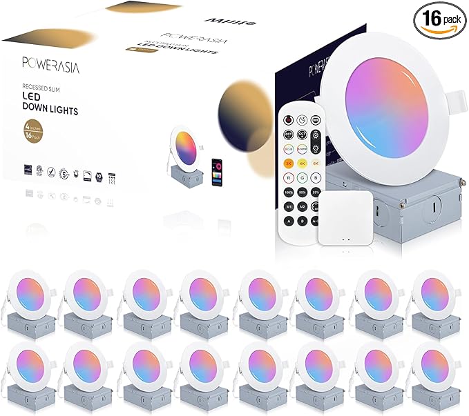 16 Pack Smart Recessed Lighting 4 Inch, Ultra-Thin LED Recessed Lighting 9W 700LM Smart Downlight with Junction Box, Compatible with Alexa/Google Assistant, Hub Included - ETL and Energy Star