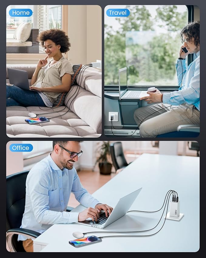 128W USB C Wall Charger,GaN III 3-Port Fast Charging Station,PD QC Foldable Charger Block Portable 65W Laptop Adapter for MacBook Pro/Air,iPad Pro,Galaxy S23,Dell XPS 13,iPhone 16/15/Pro etc Black