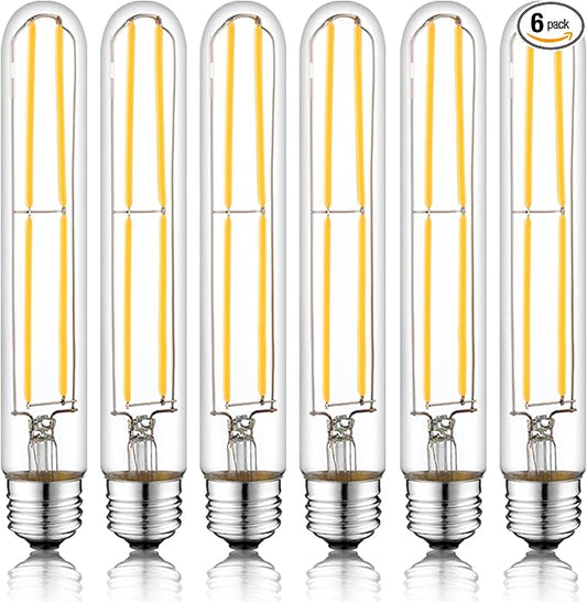 7.3 Inch E26 Led Bulb 6W, Equal 80 Watt 3000K Warm White Edison Bulbs Dimmable, T10 T9 Long Tubular Clear Glass Light Bulb 800LM for Pipe Pendant Chandeliers Wall Sconces - UL Cert 6Pack