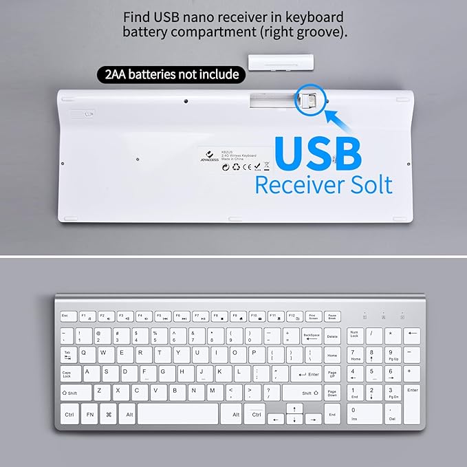 JOYACCESS Wireless Keyboard, 2.4G Slim and Compact Wireless Keyboard with Numeric Keypad for Laptop, MacBook air, Desktop, Computer, PC-Sliver&White