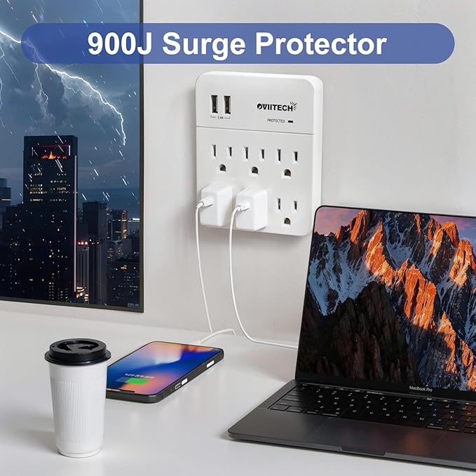 6 Outlet Extender Surge Protector Wall Mount Adapter with Dual 2.4A USB Charging Ports,Oviitech Multi Plug Outlets,6 AC Socket Outlet Splitter,900 Joules Surge Suppression,White, ETL Certified（2 Pack）