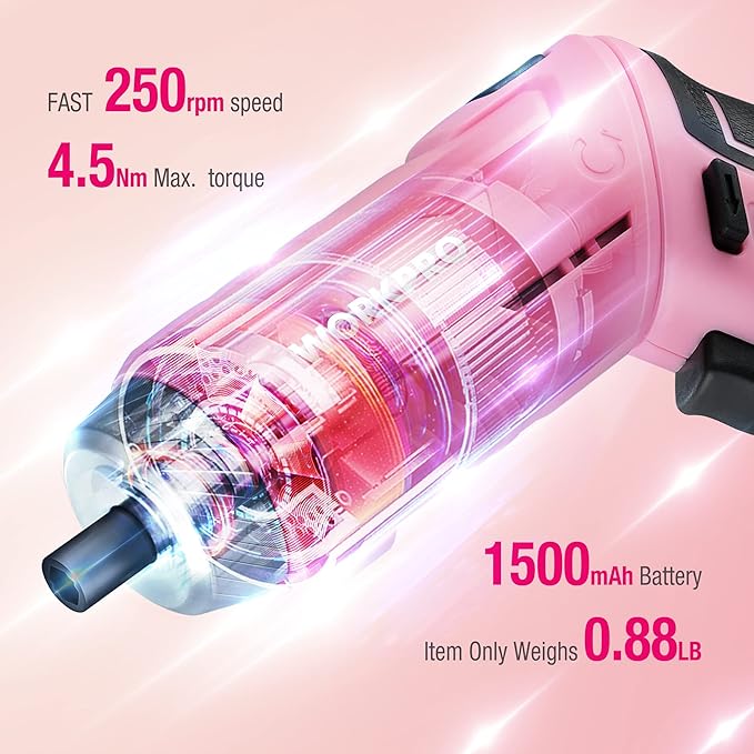 WORKPRO Pink Tool Set with 3.7V Rotatable Electric Screwdriver, 18PCS Portable Ladies Home Tool Kit with Toolbox, Cordless Electric Screwdriver Kit, Household tool kit for Dorm, Apartment -Pink Ribbon