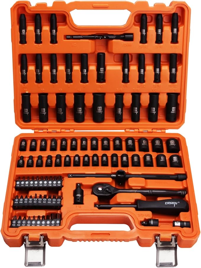 DISEN 94 PCS 1/4" Drive Impact Socket Set, Shallow & Deep Socket SAE(5/32"-9/16") & Metric(4-15mm), Torx Screwdriver Bit Set, 72T Ratchet Wrench Handle, CRV Tool Set with Adapter, Automotive Repair