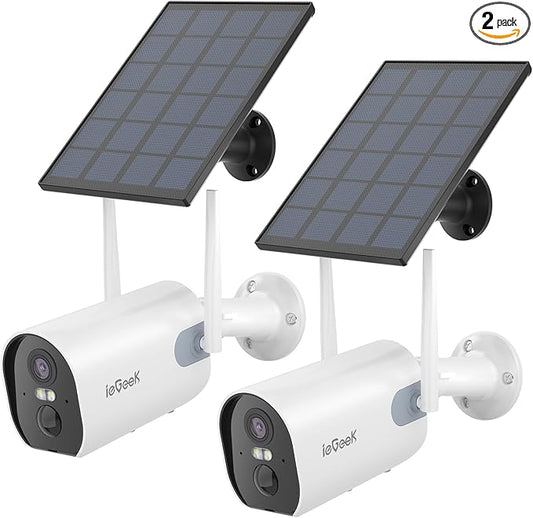 ieGeek Solar Security Cameras Wireless Outdoor 2 Pack, Battery Powered WiFi Home Surveillance Cam with Smart Siren & Spotlight, Motion Sensor Camera System 2K, 2 Way Audio/IP65 Waterproof