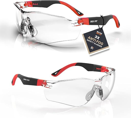 DEX FIT Safety Glasses SG210, Z87 Eye Protection, 3X Anti-Fog & Scratch Resistant, Adjustable for Women and Men, UV Protection (Black & Red Frame, Clear Lens)