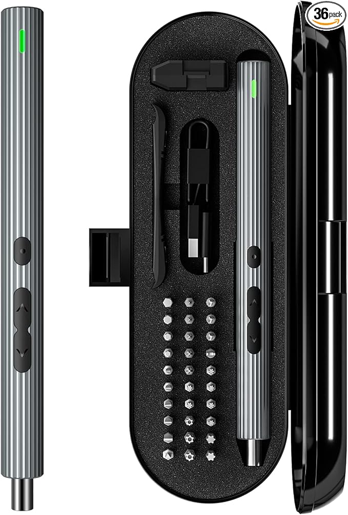 Kingsdun Mini Electric Screwdriver, 36 in 1 Cordless Precision Power Screwdriver Set with 30 Magnetic Bits, Rechargeable Repair Tool Kit with LED Lights Magnetic Mat for Camera PC Laptops