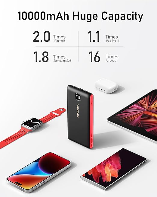VEEKTOMX Portable Charger with Built in Cables 10000mAh, Power Bank for iPhone with AC Wall Plug, Fast Charging USB C Slim Battery Pack with LED Display Compatible with iPhone16/15/14/13, Samsung