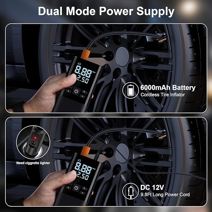 DCV Tire Inflator Portable Air Compressor, 150 PSI Air Pump for Car Tires with Digital Tire Pressure Gauge, LED Lights, Cordless Tire Pump for Cars, Bike & Motorcycle Tires, Balls, Black