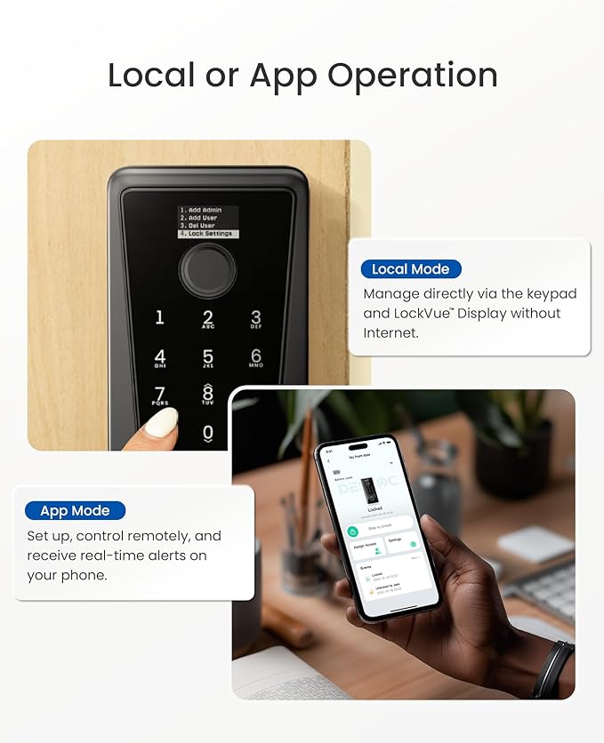 DESLOC Smart Lock D110 Plus, Fingerprint Keyless Entry Door Lock, Built-in Wi-Fi, App Remote Control, Smart Locks for Front Door, Keypad Deadbolt with LockVue Display, IP54, BHMA Grade 3, Black