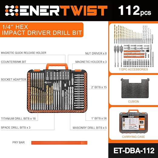ENERTWIST Drill Bit Set, 112-Pieces 1/4" Hex Shank Impact Driver Bits and Screwdriver Bits Set Assorted in Tough Case for Wood Metal Cement Drilling and Screw Driving, ET-DBA-112