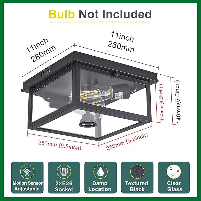 Adjustable Motion Sensor Ceiling Light Fixture Outdoor Modern Design of Squares Flush Mount 2-Light Textured Black with Clear Glass for Your Porch,Garage,Patio,Hallway,Front and Back Yards