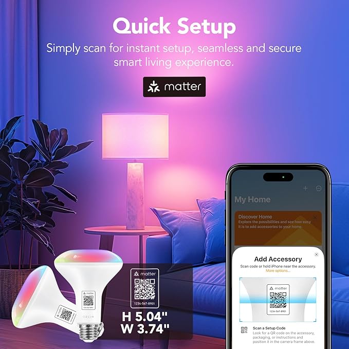 OREiN Matter Smart Light Bulb,1200 Lumens BR30 Smart Flood Light Bulbs Work with Alexa, Apple Home, Google Home, SmartThings, Color Changing Light Bulbs 2.4Ghz WiFi, 85W 4Pack