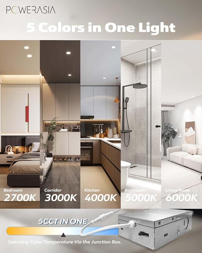 20 Pack 6 Inch LED Recessed Lighting with Junction Box, 5CCT 2700K/3000K/4000K/5000K/6000K Selectable, 15W 1200lm Ultra-Thin Recessed Downlight-ETL and Energy Star Certified