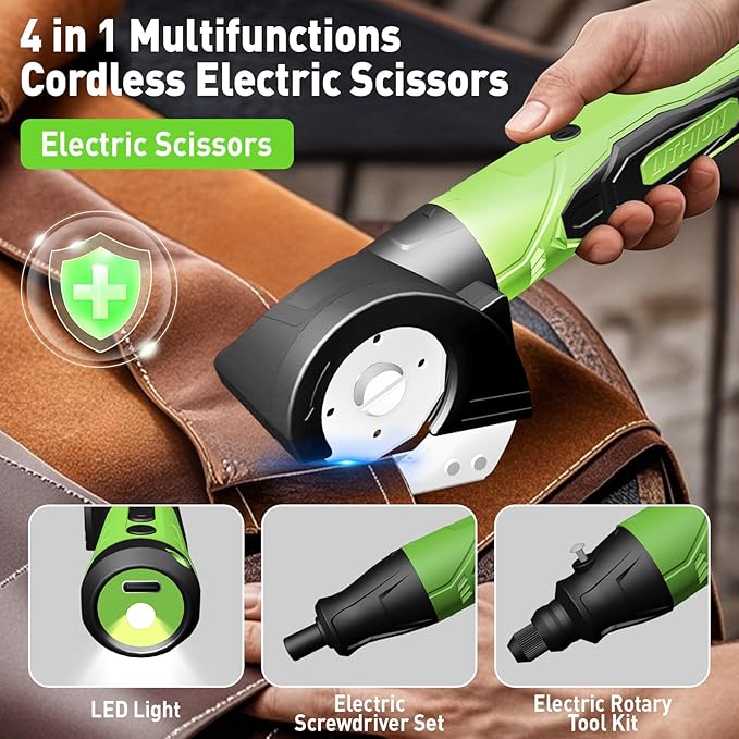 Cordless Electric Scissors, 4 in 1 Multifunctional Three floors Cardboard Box Cutter Screwdriver Set Cordless Rotary Tool Kit & LED Light for Cutting Fabric Engraving, Sanding, Polishing