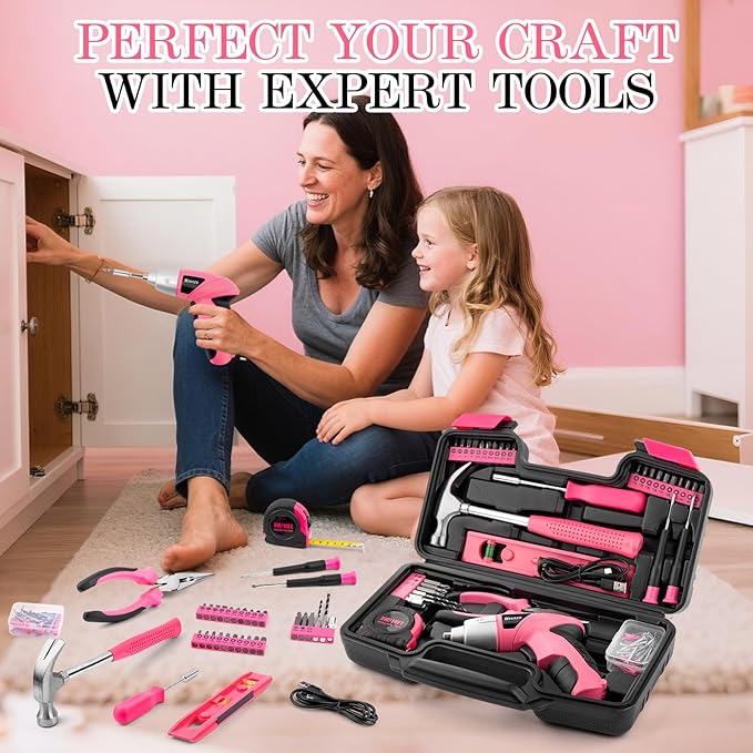 Drill Set, Cordless Drill, Small Tool Kit, 112pc 3.6V USB Tool Set, Tool Kit for Dorm, Cordless & Rechargeable, Pink Home Toolbox for Women, DIY Toolbox