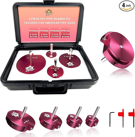 4 Pcs PVC Pipe Reamer Kit, PVC Fitting Saver Plastic Pipe Fitting Reamer Socket Saver Plumbing Tool Includes 1 1/2'', 2'', 3'', 4'' for Schedule 40 Fits Standard 1/2" Drill