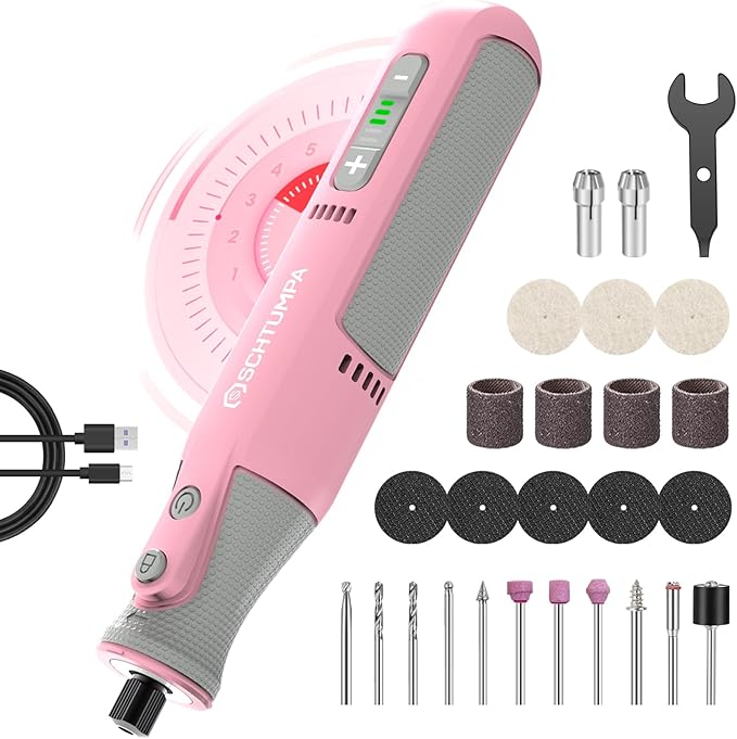 Rotary Tool Kit, Cordless Rotary Tool with LED Lights, 8V, 5-Speed, 5000-28000RPM, 2.0Ah Battery, Upgraded Accessories, for Carving, Engraving, Sanding, Polishing, Cutting and Pet Nails, Pink