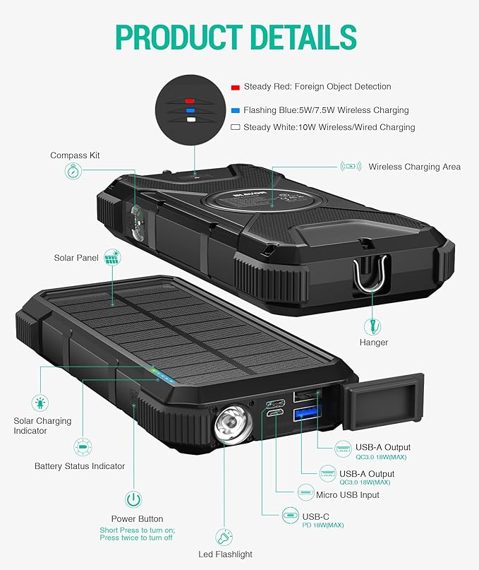 BLAVOR Solar Power Bank, PD18W QC3.0 Fast Charging 10W Wireless Charger 20000mAh Solar Powered Powerbank with Type C Input/Output, IPX5 Waterproof, Camping Flashlight, Compass, Carabiner