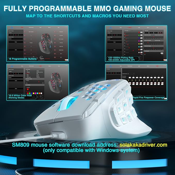 SOLAKAKA SM809 MMO Gaming Mouse Wired RGB with 9 Side Buttons,24000 DPI High Precision Sensor Optical Ergonomic Gamer Mouse,16 Programmable Custom Macro Shortcuts Remapping PC Gaming Mice for FPS MOBA