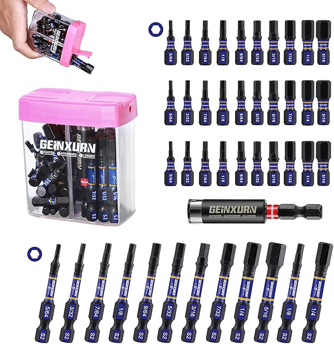 Impact SAE Hex Screwdriver Bits Set,43 Pcs(5/64"-5/16") Magnetic 1"& 2" Long S2 Steel Multi Hex Driver Bits with Magnetic Bit Holder Storage Colorful Box