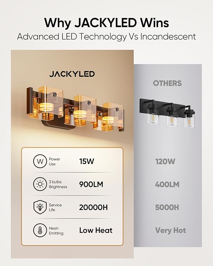 JACKYLED Bathroom Light Fixture, Modern 3-Light Vanity Lights with Art Glass Shades, 3 Color Temperatures LED Bathroom Lighting Fixture Over Mirror, 20W 1200 Lumen 30° Adjustable, Amber Glass