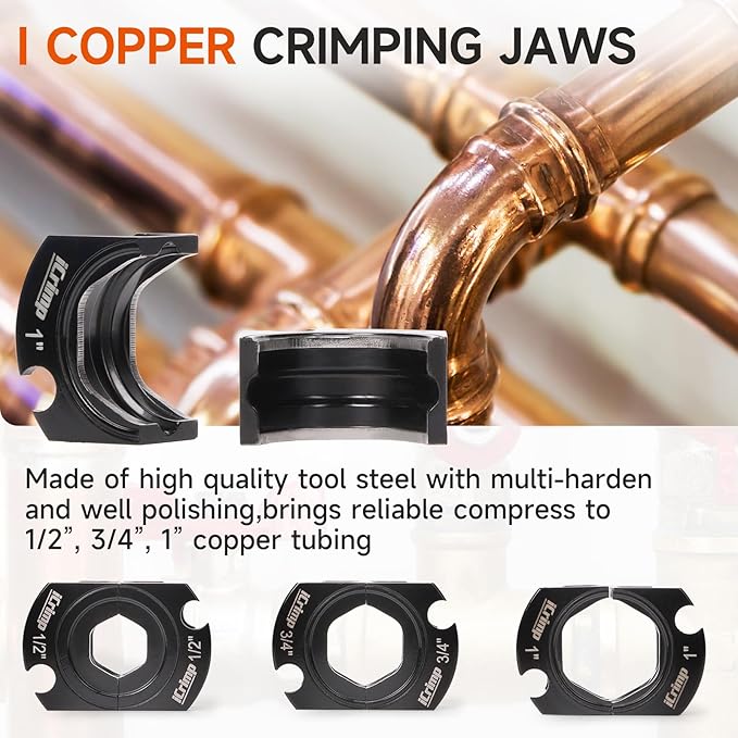 iCrimp Copper Tube Fittings Crimping Tool, 1/2" 3/4" 1" Jaws for Propress Copper Fitting and ASTM F1807 Pex Pipe Copper Rings, 1/2" 3/4" Jaws for F877 Stainless Pex Press Sleeves