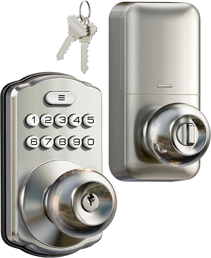 Veise Keypad Door Knob Lock, Keyless Entry Digital Lock with Handle, Electronic Knob for Front Door & Bedroom, Easy Installation, Auto-Locking, Passage Mode, Satin Nickel