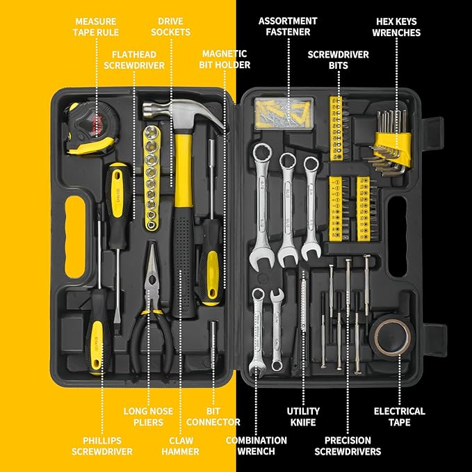 149-Piece Basic Tool Set with Compact Case – Handy Household & Travel Toolkit for dorm，DIY Home Repairs, Beginners, and Household Maintenance (Yellow)