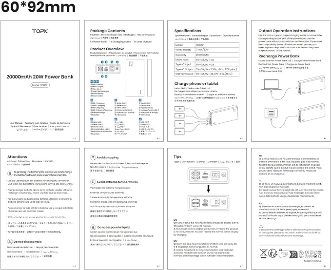 TOPK Portable Charger 20000mAh, Power Bank USB C 20W Fast Charging LED Display External Battery Pack Compatible with iPhone 13 12 11 Xs Samsung Google iPad etc.[2022 Version]