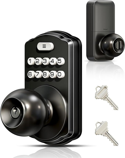 Veise Keypad Door Knob Lock, Keyless Entry Digital Lock with Handle, Electronic Knob for Front Door & Bedroom, Easy Installation, Auto-Locking, Passage Mode, Matte Black