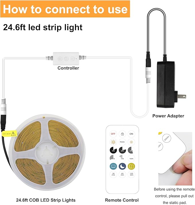 COB LED Strip Light Warm White 24.6FT, High Bright LED Strips with 2400LEDs, RF Remote and UL Power Supply, 3000K Dimmable LED Lights for Bedroom, Kitchen, DIY Home Decoration