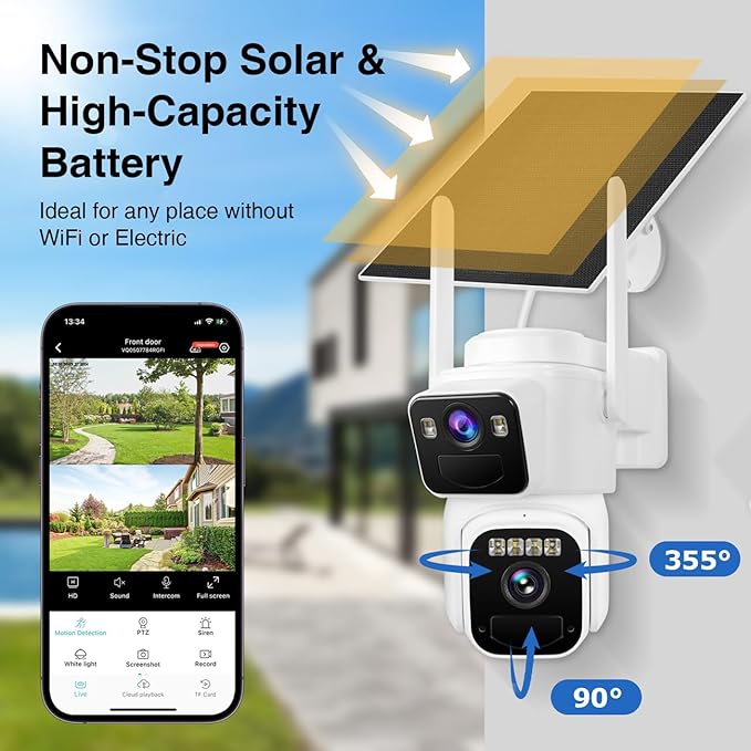 Dual Lens Dual Screen 2K Solar Security Camera Wireless Outdoor 360° View Battery Powered Camera with Spotlight Color Night Vision, PIR Sensor WiFi Home Security System