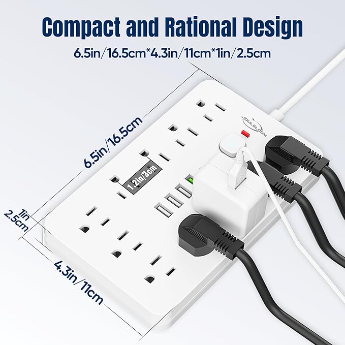 2 Pack 6 FT Flat Plug Surge Protector Power Strip,11 Multiple AC Outlets with 6 USB Ports (2 USB C), 6 Feet Extension Cord, 1250W/10A, One Touch Switch Button, 17 in 1 Compact powerstrip