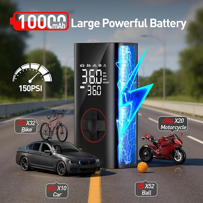 Tire Inflator Portable Air Compressor - Cordless Air Pump for Car Tires 150PSI&10000mAh, Portable Tire Inflator for Car with Pressure Gauge, Mini Tire Pump for Bike, Motorcycle, Ball, Auto Shut-off