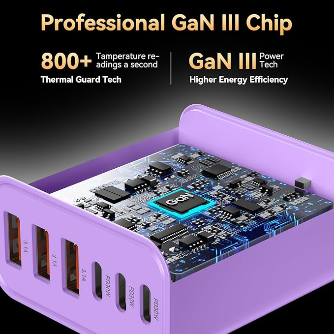 USB C Charger Block, 65W USBC Wall Charging Blocks 6-Port PD & QC Power Adapter Multiport Type C Fast Chargers Plug Cube Brick for iPhone 16/15/14/13/12/Pro Max,iPad Pro,Samsung Galaxy S25 Purple