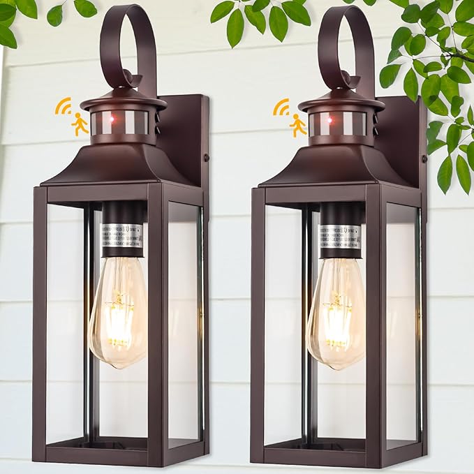 Motion Sensor Outdoor Wall Lights 2 Pack - Oil Rubbed Bronze Dusk to Dawn Light Fixtures, 16" Exterior Wall Sconces, Large Brown Outside Lamps for House, Modern Wall Lanterns