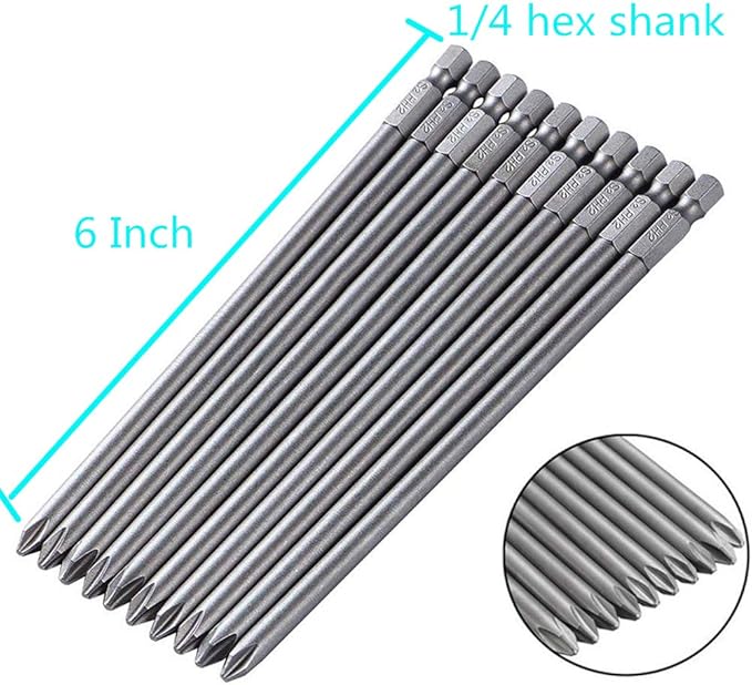 Rocaris 6 in Phillips Screwdriver Bit Sets 1/4 Inch Hex Shank Magnetic Screwdriver Bits Cross Head S2 Steel Screwdriver Bits 10 Pack