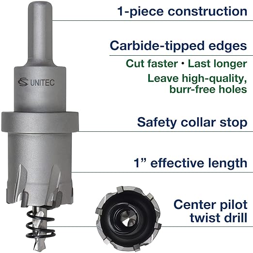 CS Unitec | 1-1-122 | 11/16" Diameter x 1" Depth Tungsten Carbide-Tipped Hole Saw for Hand-Held Drills