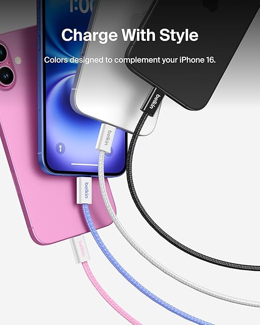 Belkin USB C to USB C Cable 2-Pack, 3.3ft, 60W - Type C Charger, iPhone Charger Cord, Soft, Braided, Flexible for iPhone 16, Galaxy S25, Pixel 9, Airpods, iPad Pro & More, Travel Essentials - Pink